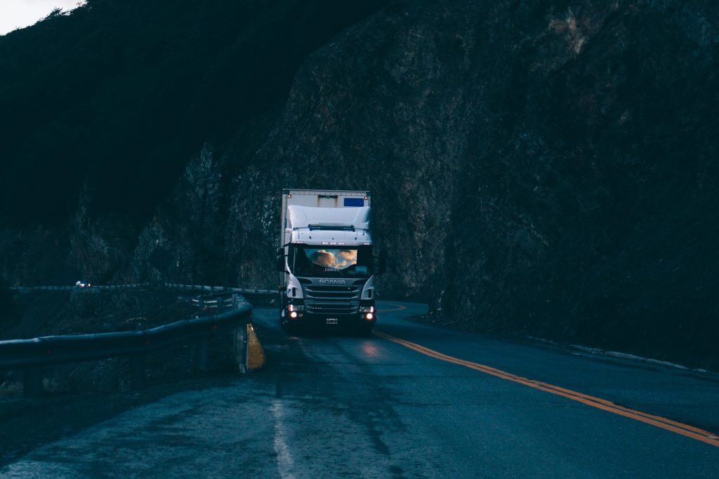 truck, transportation, road, dark, night, blue road, blue dark, blue truck, truck, truck, truck, truck, truck